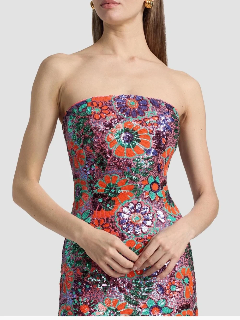 Ramy Brook Strapless Floral Sequin Midi Dress in Pink, Orange & Green
